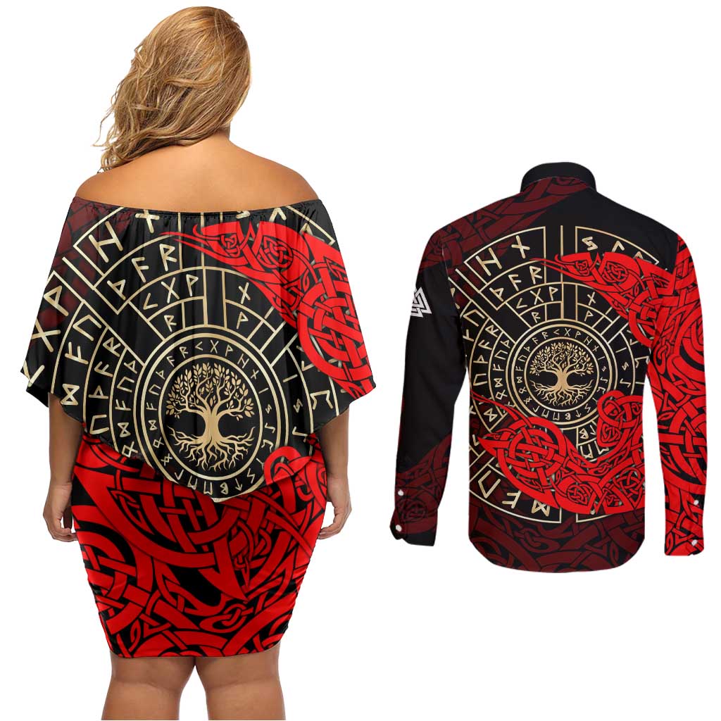 Yggdrasil Couples Matching Off Shoulder Short Dress and Long Sleeve Button Shirt with Red Norse Dragon and Runes Viking Heritage Tribute - Wonder Print Shop