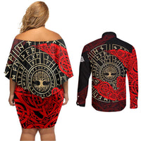 Yggdrasil Couples Matching Off Shoulder Short Dress and Long Sleeve Button Shirt with Red Norse Dragon and Runes Viking Heritage Tribute - Wonder Print Shop