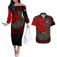 Yggdrasil Couples Matching Off The Shoulder Long Sleeve Dress and Hawaiian Shirt with Red Norse Dragon and Runes Viking Heritage Tribute - Wonder Print Shop