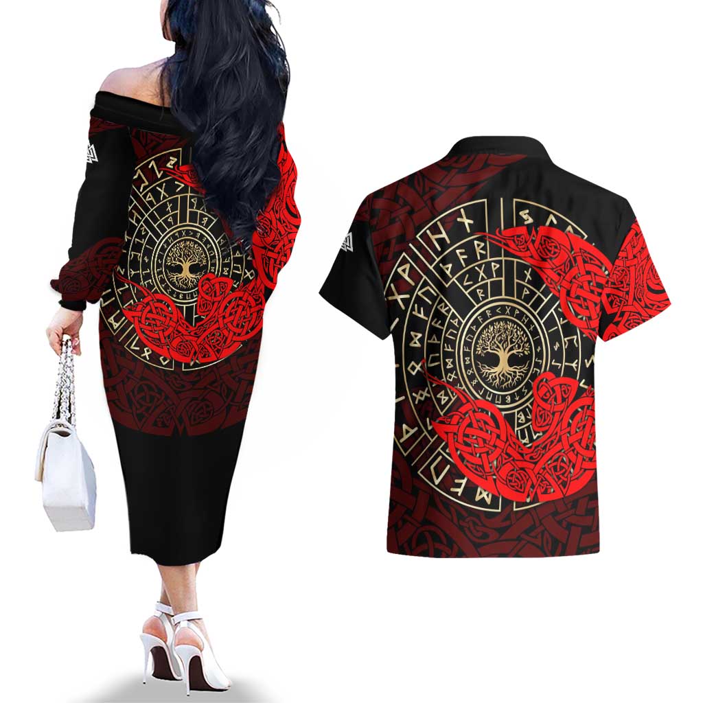 Yggdrasil Couples Matching Off The Shoulder Long Sleeve Dress and Hawaiian Shirt with Red Norse Dragon and Runes Viking Heritage Tribute - Wonder Print Shop