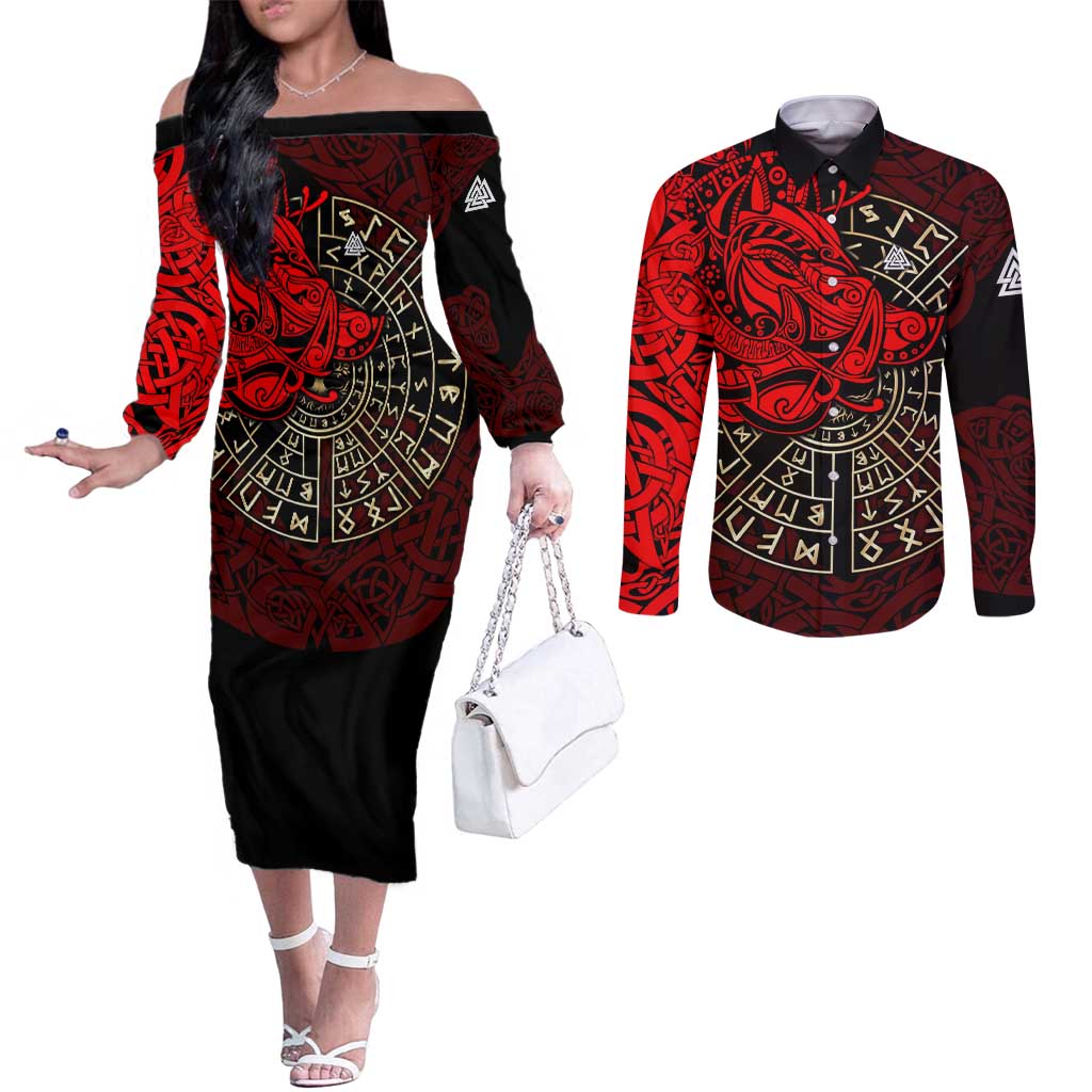 Yggdrasil Couples Matching Off The Shoulder Long Sleeve Dress and Long Sleeve Button Shirt with Red Norse Dragon and Runes Viking Heritage Tribute - Wonder Print Shop