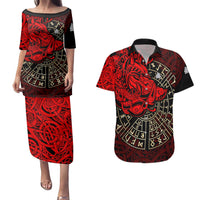 Yggdrasil Couples Matching Puletasi and Hawaiian Shirt with Red Norse Dragon and Runes Viking Heritage Tribute - Wonder Print Shop