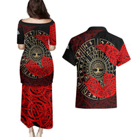 Yggdrasil Couples Matching Puletasi and Hawaiian Shirt with Red Norse Dragon and Runes Viking Heritage Tribute - Wonder Print Shop
