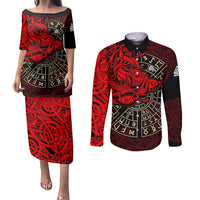 Yggdrasil Couples Matching Puletasi and Long Sleeve Button Shirt with Red Norse Dragon and Runes Viking Heritage Tribute - Wonder Print Shop