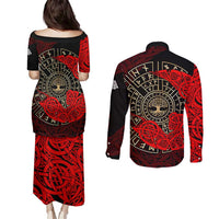 Yggdrasil Couples Matching Puletasi and Long Sleeve Button Shirt with Red Norse Dragon and Runes Viking Heritage Tribute - Wonder Print Shop