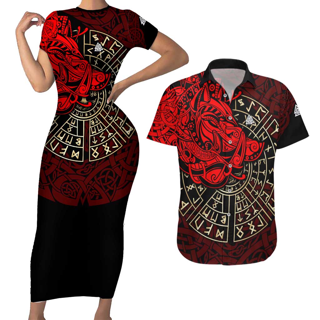 Yggdrasil Couples Matching Short Sleeve Bodycon Dress and Hawaiian Shirt with Red Norse Dragon and Runes Viking Heritage Tribute - Wonder Print Shop