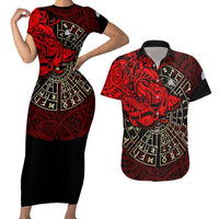 Yggdrasil Couples Matching Short Sleeve Bodycon Dress and Hawaiian Shirt with Red Norse Dragon and Runes Viking Heritage Tribute - Wonder Print Shop