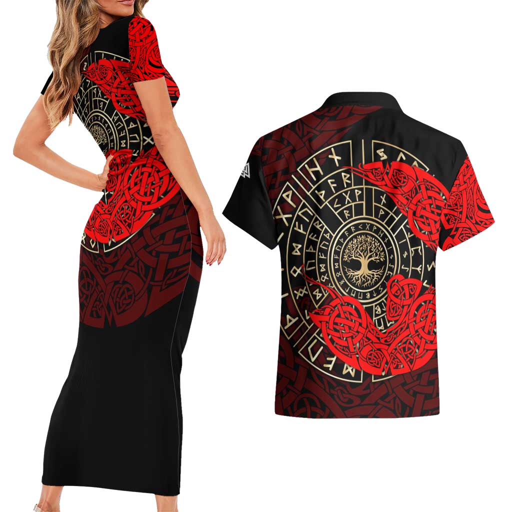 Yggdrasil Couples Matching Short Sleeve Bodycon Dress and Hawaiian Shirt with Red Norse Dragon and Runes Viking Heritage Tribute - Wonder Print Shop