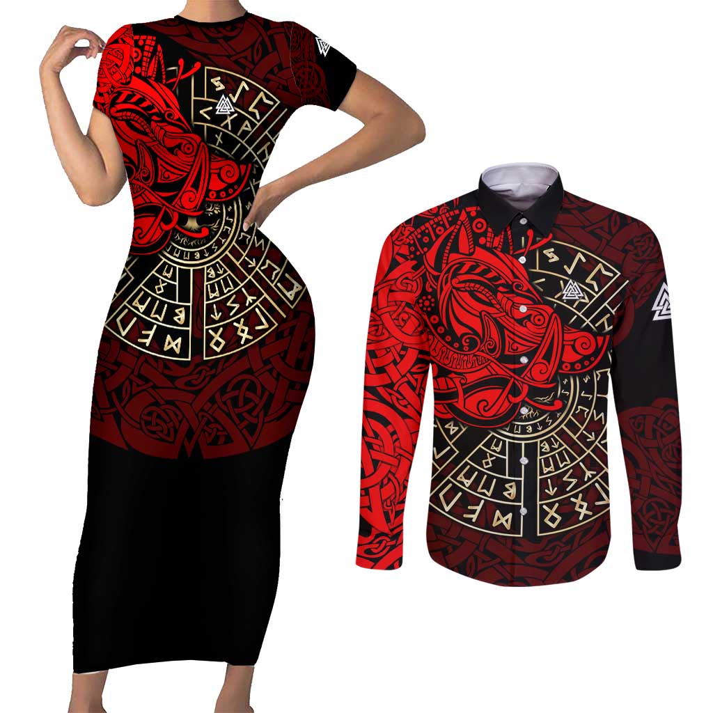 Yggdrasil Couples Matching Short Sleeve Bodycon Dress and Long Sleeve Button Shirt with Red Norse Dragon and Runes Viking Heritage Tribute - Wonder Print Shop