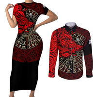 Yggdrasil Couples Matching Short Sleeve Bodycon Dress and Long Sleeve Button Shirt with Red Norse Dragon and Runes Viking Heritage Tribute - Wonder Print Shop