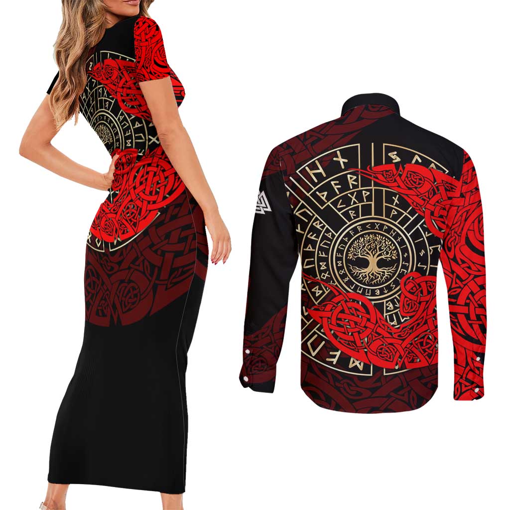 Yggdrasil Couples Matching Short Sleeve Bodycon Dress and Long Sleeve Button Shirt with Red Norse Dragon and Runes Viking Heritage Tribute - Wonder Print Shop