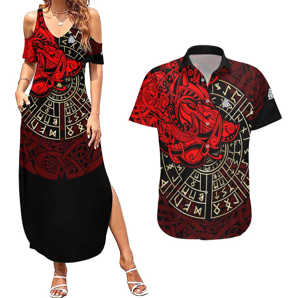 Yggdrasil Couples Matching Summer Maxi Dress and Hawaiian Shirt with Red Norse Dragon and Runes Viking Heritage Tribute - Wonder Print Shop