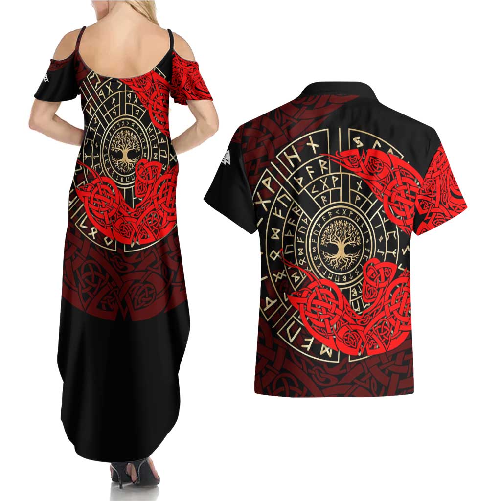 Yggdrasil Couples Matching Summer Maxi Dress and Hawaiian Shirt with Red Norse Dragon and Runes Viking Heritage Tribute - Wonder Print Shop