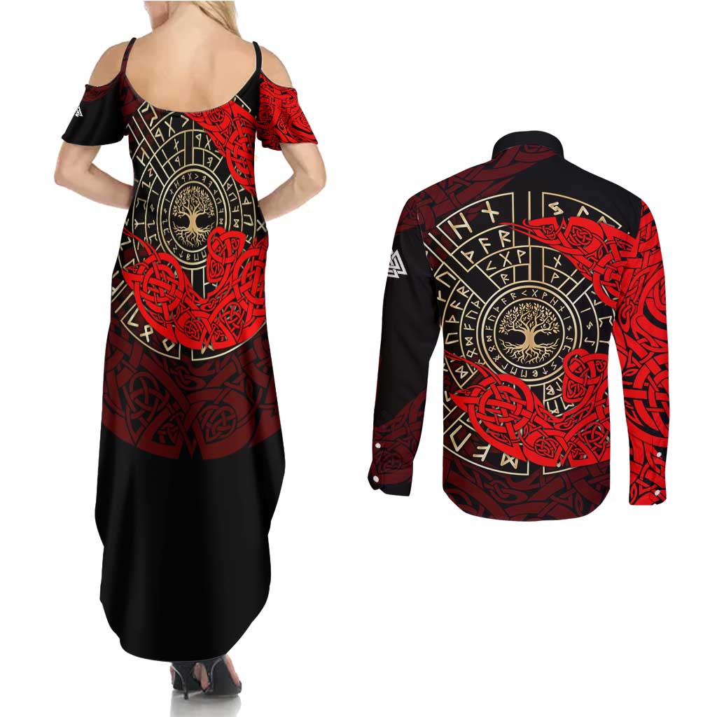 Yggdrasil Couples Matching Summer Maxi Dress and Long Sleeve Button Shirt with Red Norse Dragon and Runes Viking Heritage Tribute - Wonder Print Shop