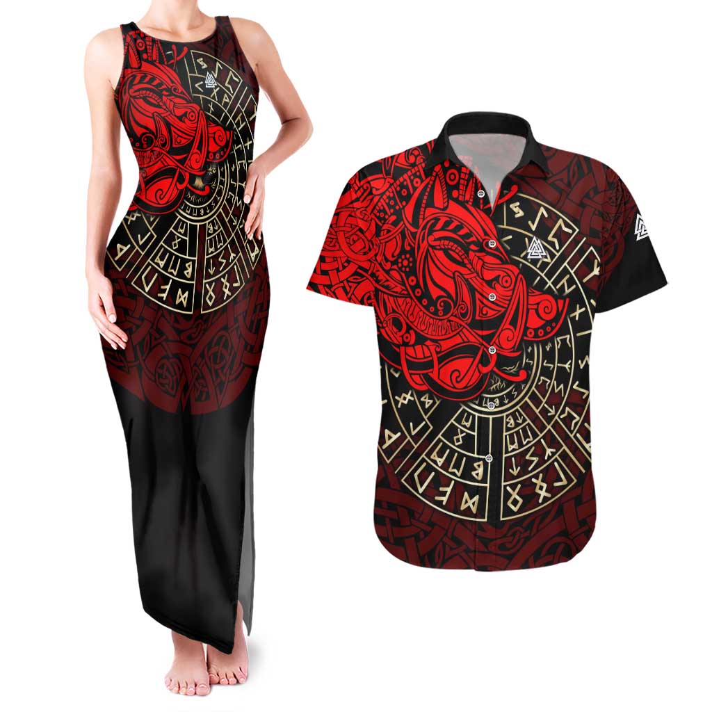 Yggdrasil Couples Matching Tank Maxi Dress and Hawaiian Shirt with Red Norse Dragon and Runes Viking Heritage Tribute - Wonder Print Shop