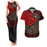 Yggdrasil Couples Matching Tank Maxi Dress and Hawaiian Shirt with Red Norse Dragon and Runes Viking Heritage Tribute - Wonder Print Shop
