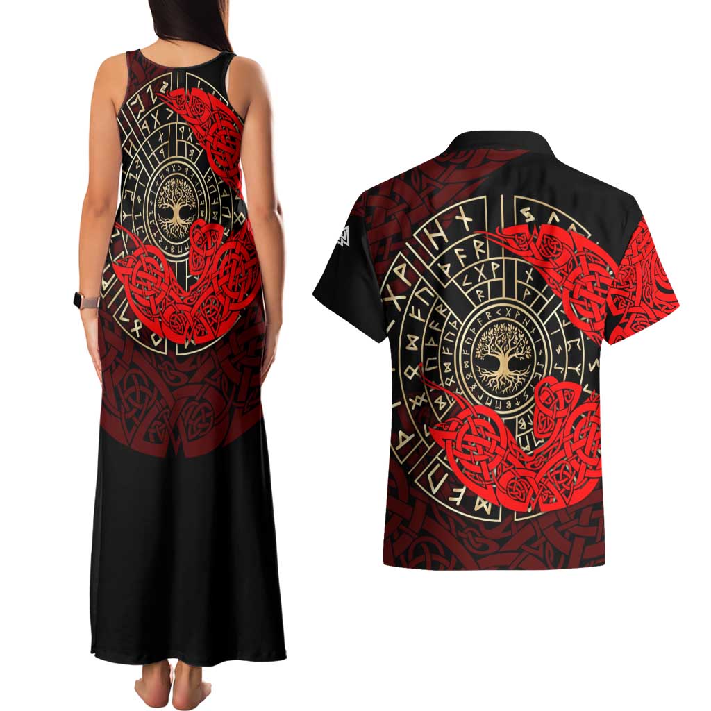 Yggdrasil Couples Matching Tank Maxi Dress and Hawaiian Shirt with Red Norse Dragon and Runes Viking Heritage Tribute - Wonder Print Shop