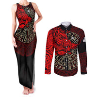 Yggdrasil Couples Matching Tank Maxi Dress and Long Sleeve Button Shirt with Red Norse Dragon and Runes Viking Heritage Tribute - Wonder Print Shop