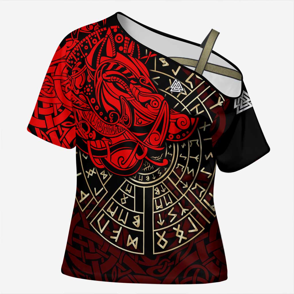 Yggdrasil Cross Shoulder Shirt with Red Norse Dragon and Runes Viking Heritage Tribute - Wonder Print Shop