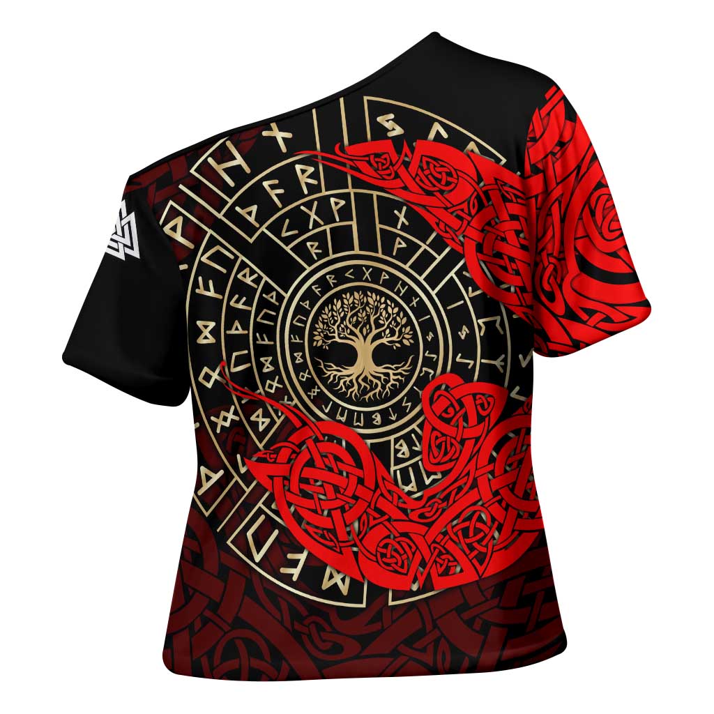 Yggdrasil Cross Shoulder Shirt with Red Norse Dragon and Runes Viking Heritage Tribute - Wonder Print Shop
