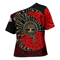 Yggdrasil Cross Shoulder Shirt with Red Norse Dragon and Runes Viking Heritage Tribute - Wonder Print Shop