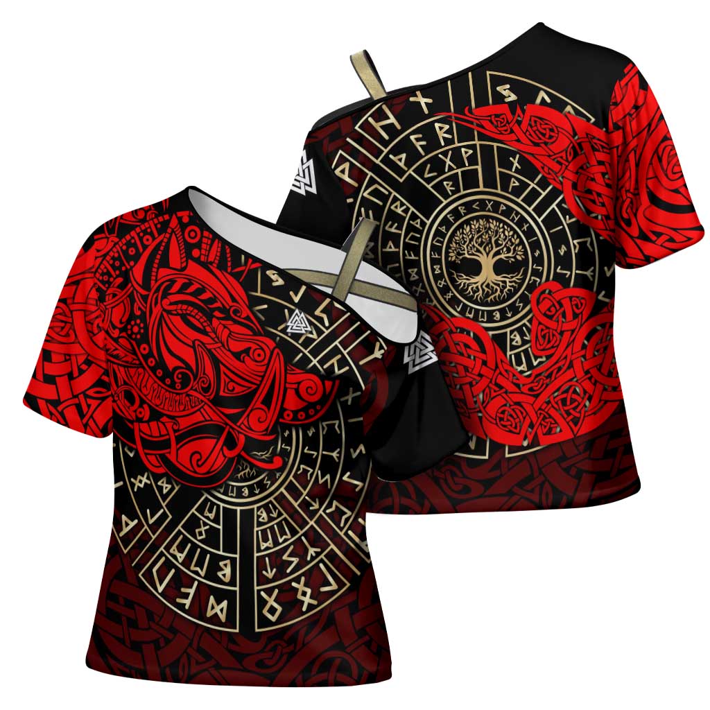 Yggdrasil Cross Shoulder Shirt with Red Norse Dragon and Runes Viking Heritage Tribute - Wonder Print Shop