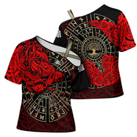 Yggdrasil Cross Shoulder Shirt with Red Norse Dragon and Runes Viking Heritage Tribute - Wonder Print Shop