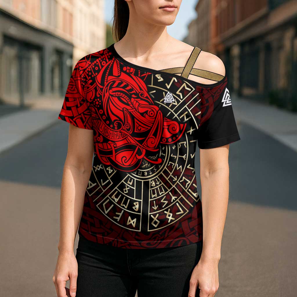 Yggdrasil Cross Shoulder Shirt with Red Norse Dragon and Runes Viking Heritage Tribute - Wonder Print Shop