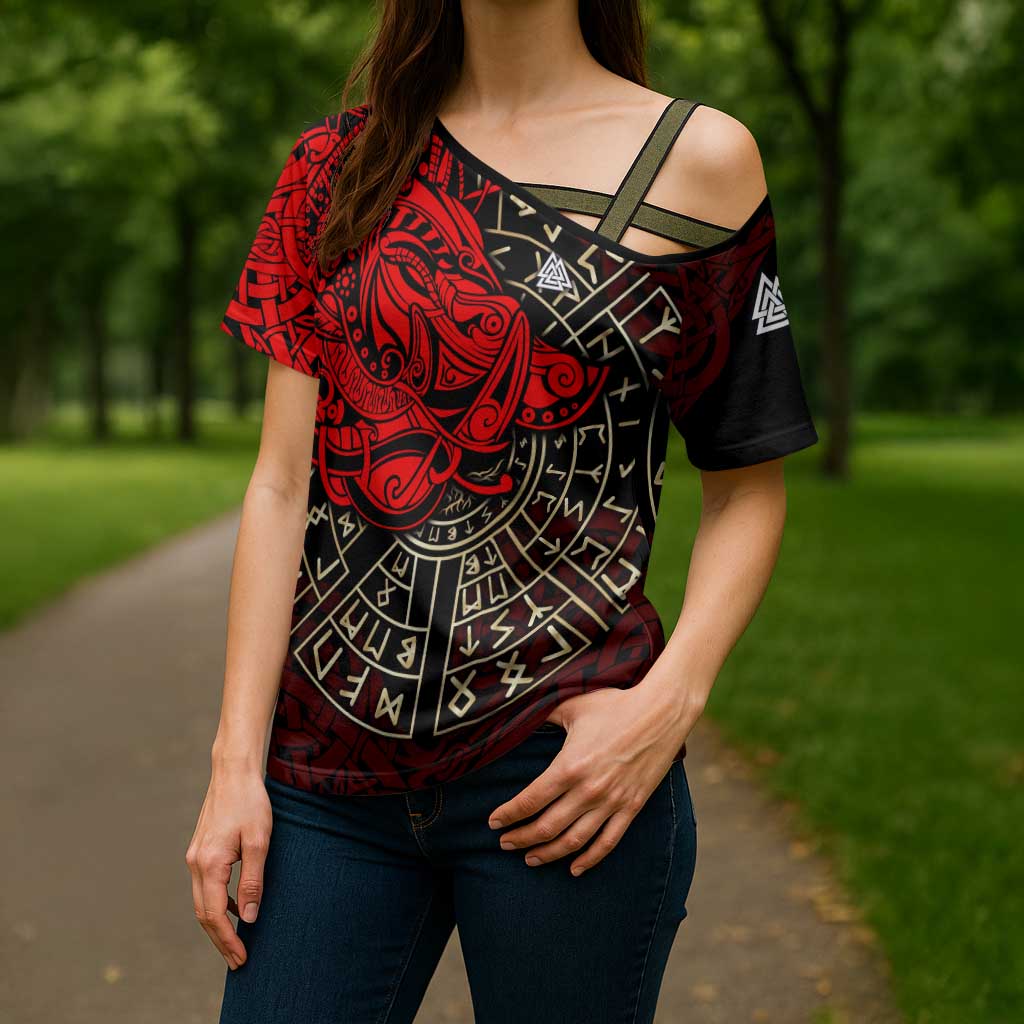 Yggdrasil Cross Shoulder Shirt with Red Norse Dragon and Runes Viking Heritage Tribute - Wonder Print Shop