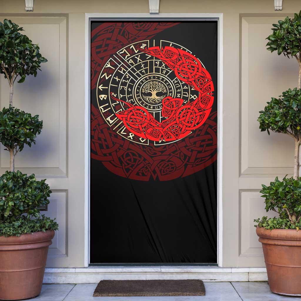 Yggdrasil Door Cover with Red Norse Dragon and Runes Viking Heritage Tribute - Wonder Print Shop