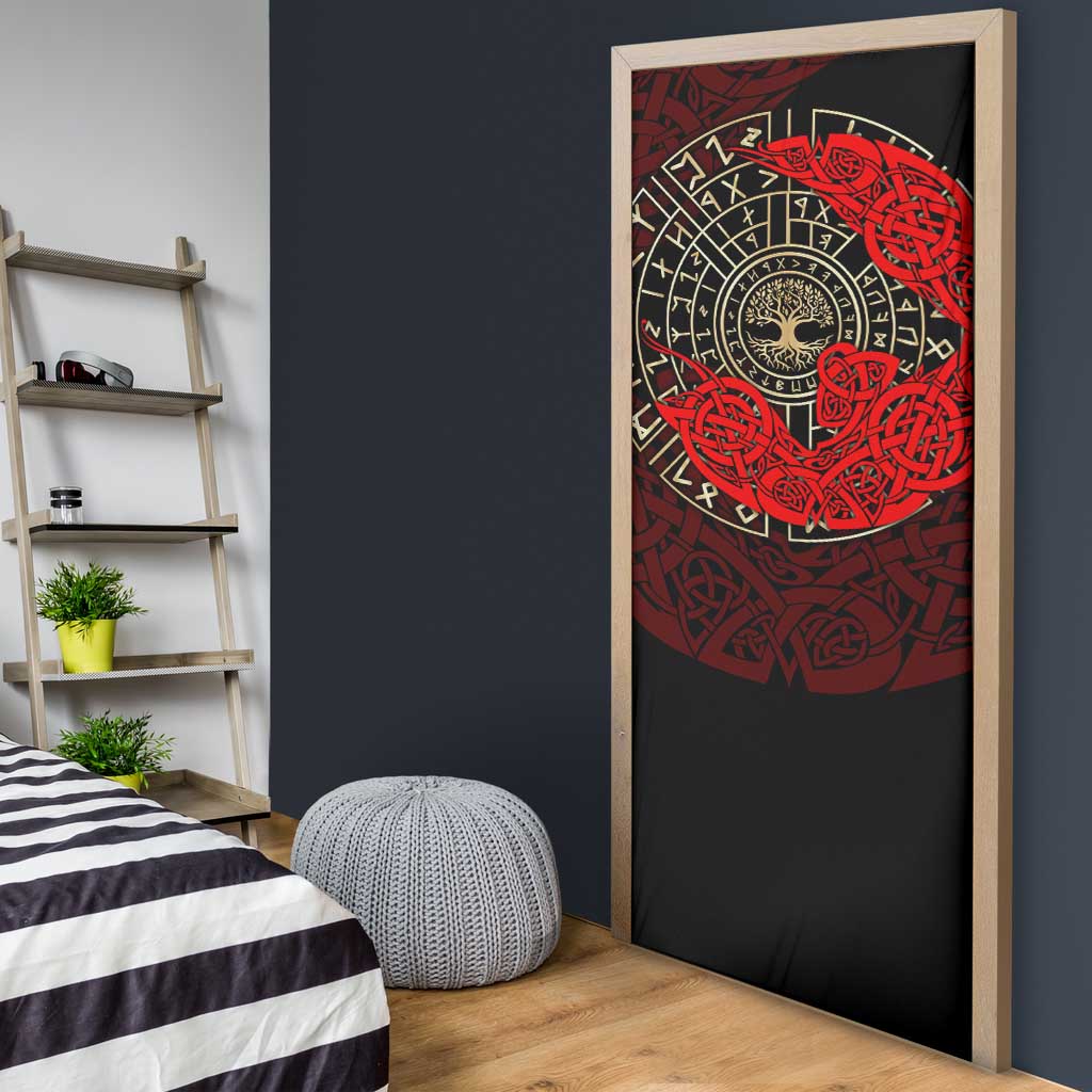 Yggdrasil Door Cover with Red Norse Dragon and Runes Viking Heritage Tribute - Wonder Print Shop