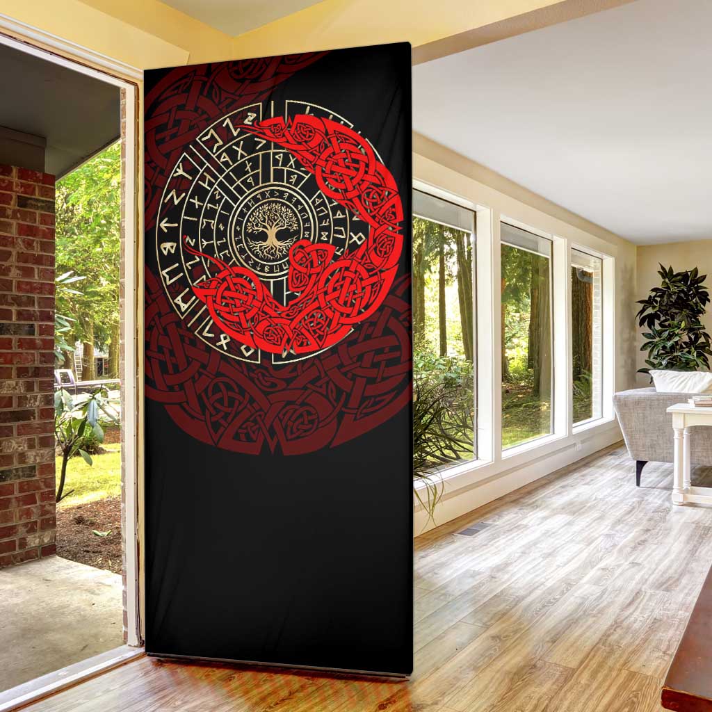 Yggdrasil Door Cover with Red Norse Dragon and Runes Viking Heritage Tribute - Wonder Print Shop