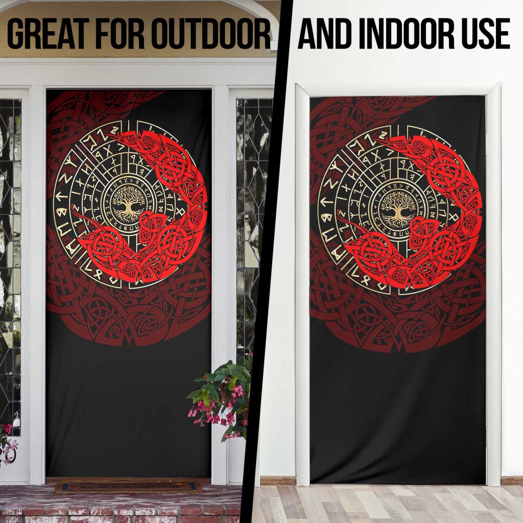 Yggdrasil Door Cover with Red Norse Dragon and Runes Viking Heritage Tribute - Wonder Print Shop