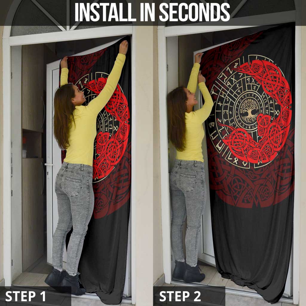 Yggdrasil Door Cover with Red Norse Dragon and Runes Viking Heritage Tribute - Wonder Print Shop