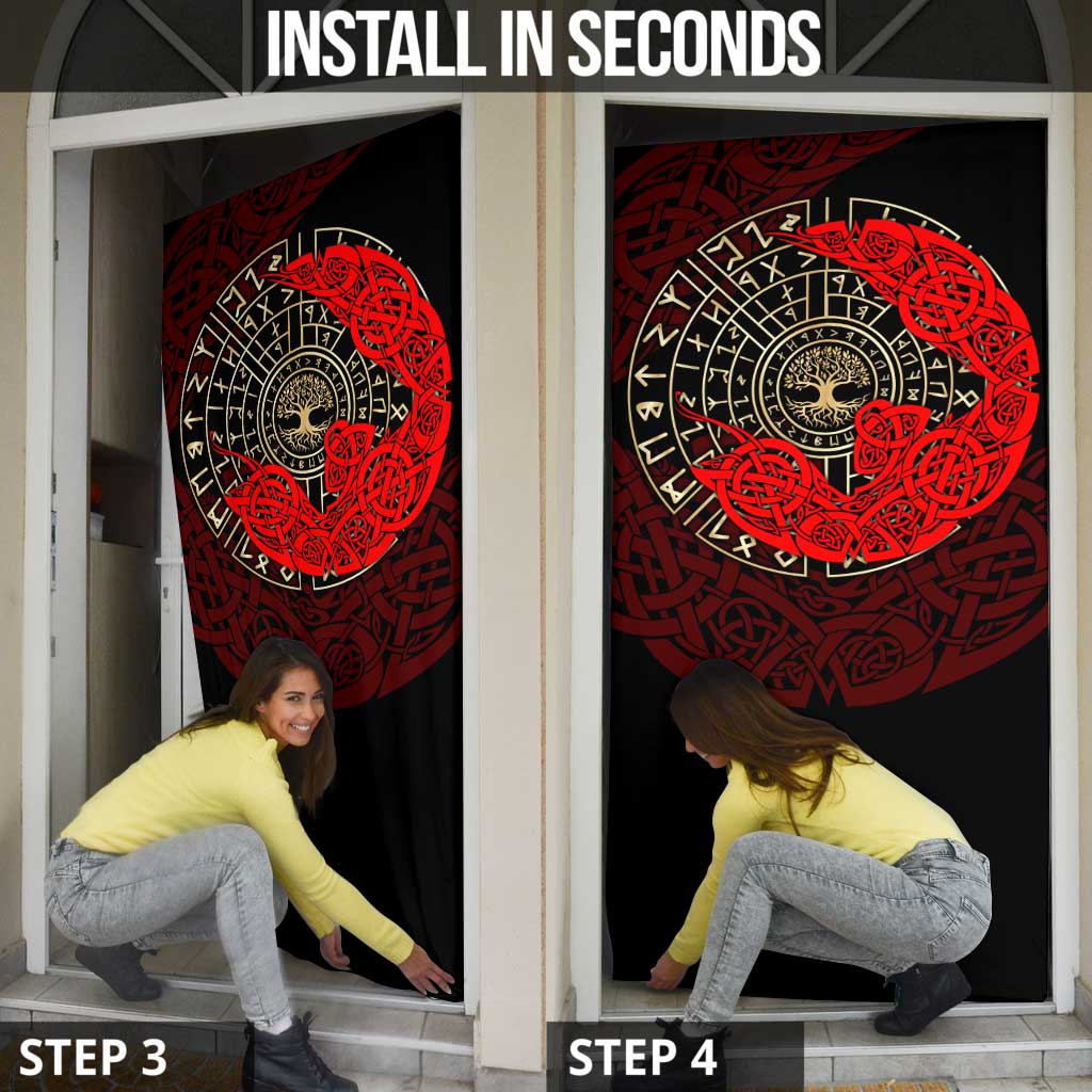 Yggdrasil Door Cover with Red Norse Dragon and Runes Viking Heritage Tribute - Wonder Print Shop