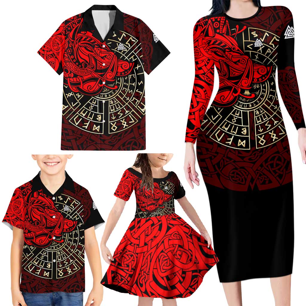 Yggdrasil Family Matching Long Sleeve Bodycon Dress and Hawaiian Shirt with Red Norse Dragon and Runes Viking Heritage Tribute - Wonder Print Shop