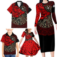 Yggdrasil Family Matching Long Sleeve Bodycon Dress and Hawaiian Shirt with Red Norse Dragon and Runes Viking Heritage Tribute - Wonder Print Shop