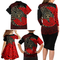 Yggdrasil Family Matching Long Sleeve Bodycon Dress and Hawaiian Shirt with Red Norse Dragon and Runes Viking Heritage Tribute - Wonder Print Shop