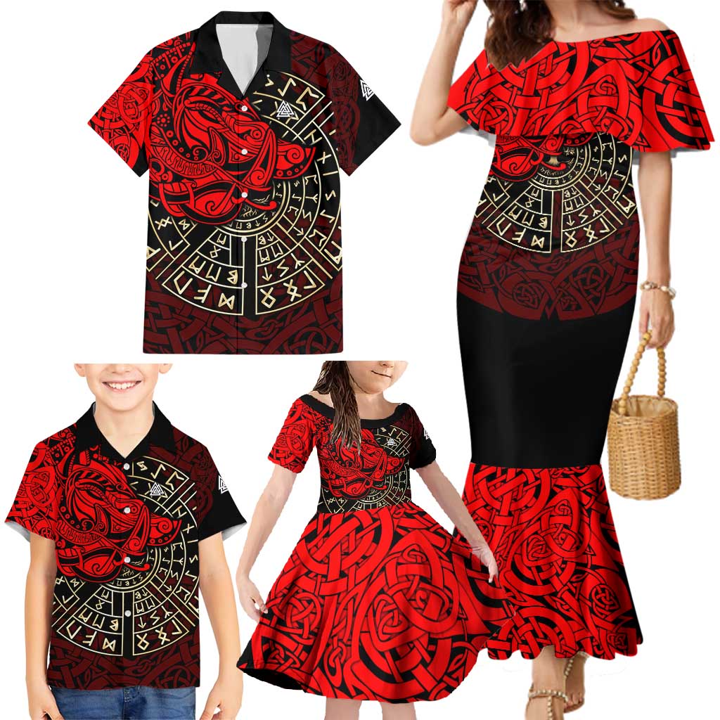 Yggdrasil Family Matching Mermaid Dress and Hawaiian Shirt with Red Norse Dragon and Runes Viking Heritage Tribute - Wonder Print Shop