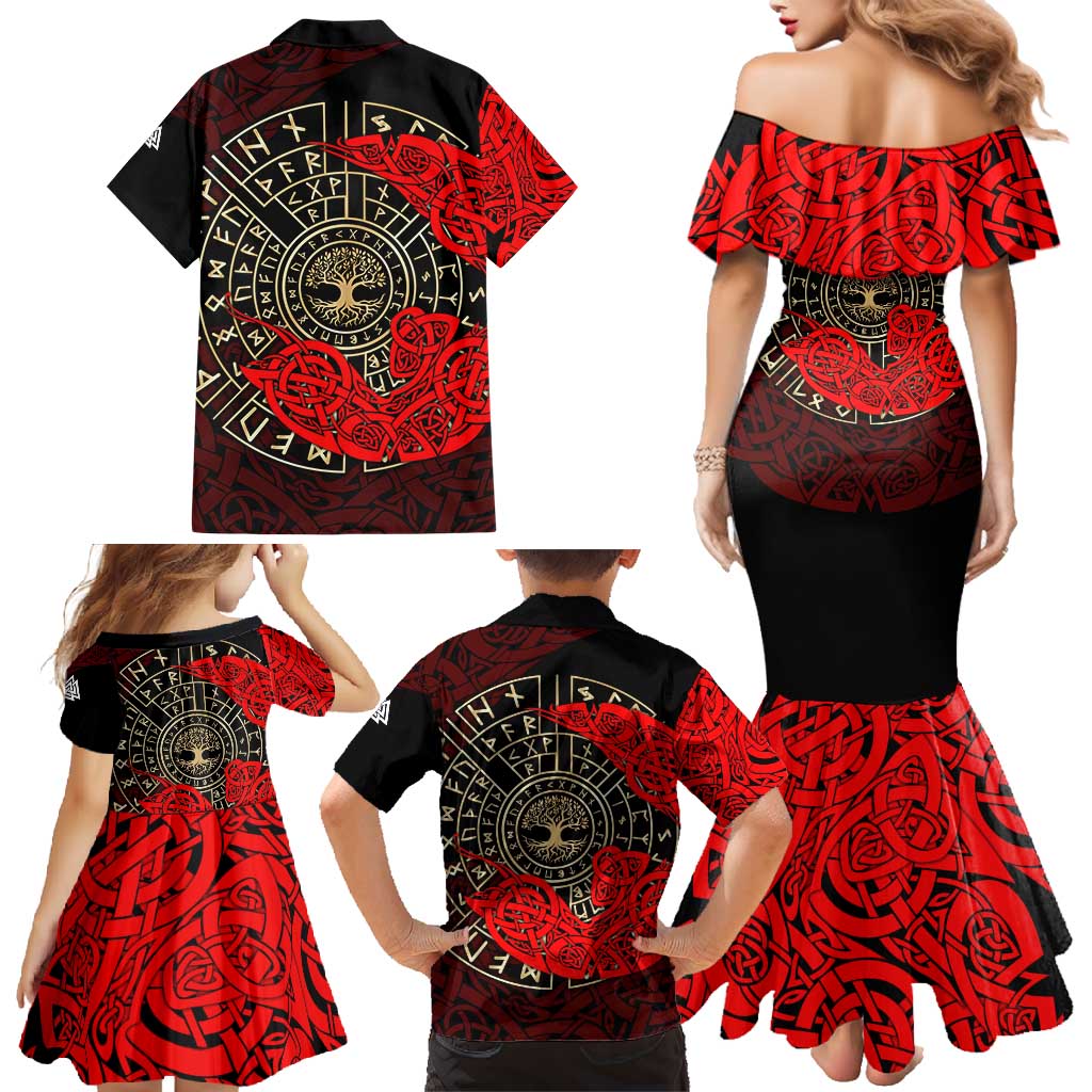 Yggdrasil Family Matching Mermaid Dress and Hawaiian Shirt with Red Norse Dragon and Runes Viking Heritage Tribute - Wonder Print Shop