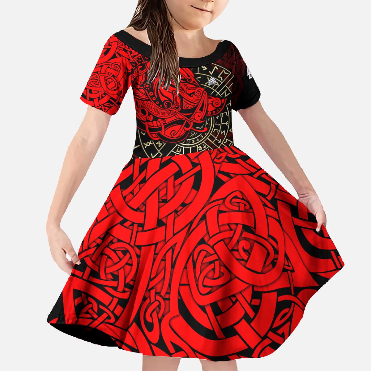 Yggdrasil Family Matching Off The Shoulder Long Sleeve Dress and Hawaiian Shirt with Red Norse Dragon and Runes Viking Heritage Tribute - Wonder Print Shop