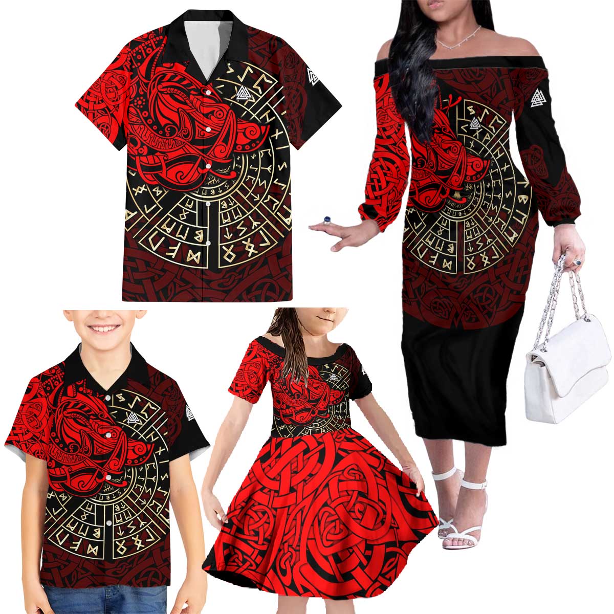Yggdrasil Family Matching Off The Shoulder Long Sleeve Dress and Hawaiian Shirt with Red Norse Dragon and Runes Viking Heritage Tribute - Wonder Print Shop