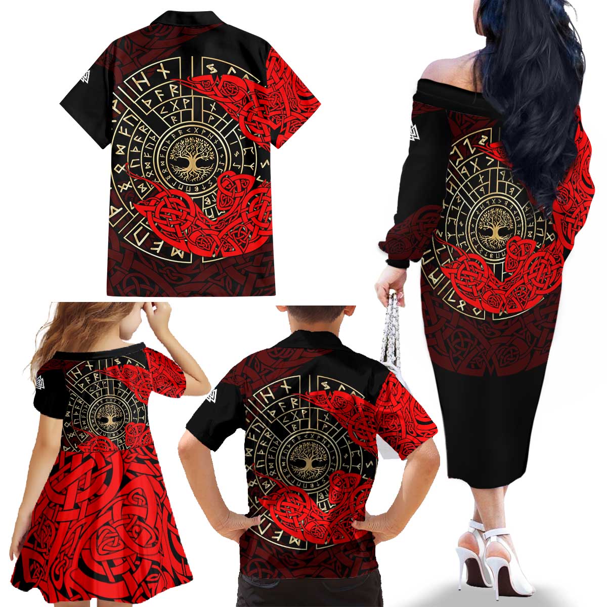 Yggdrasil Family Matching Off The Shoulder Long Sleeve Dress and Hawaiian Shirt with Red Norse Dragon and Runes Viking Heritage Tribute - Wonder Print Shop