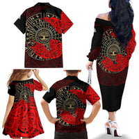Yggdrasil Family Matching Off The Shoulder Long Sleeve Dress and Hawaiian Shirt with Red Norse Dragon and Runes Viking Heritage Tribute - Wonder Print Shop