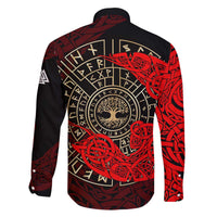 Yggdrasil Family Matching Off The Shoulder Long Sleeve Dress and Hawaiian Shirt with Red Norse Dragon and Runes Viking Heritage Tribute - Wonder Print Shop