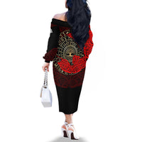 Yggdrasil Family Matching Off The Shoulder Long Sleeve Dress and Hawaiian Shirt with Red Norse Dragon and Runes Viking Heritage Tribute - Wonder Print Shop