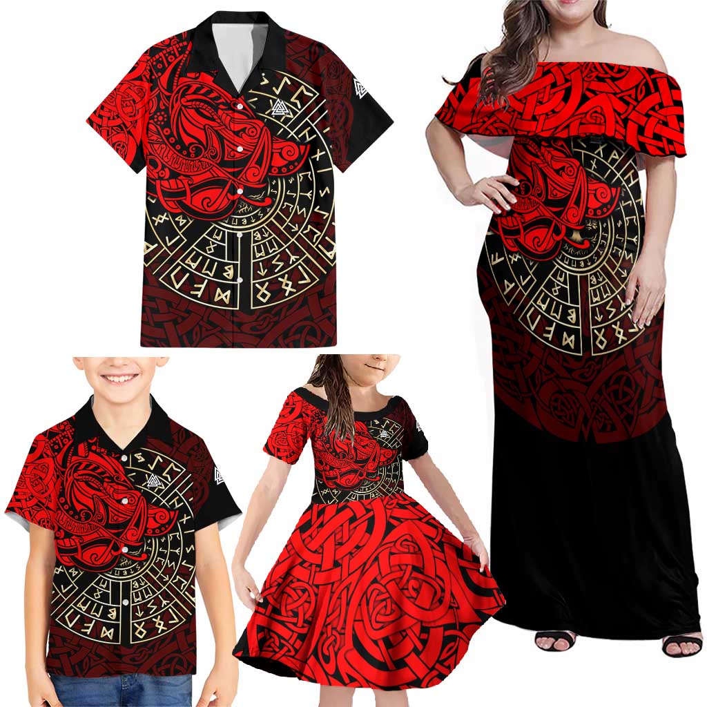 Yggdrasil Family Matching Off Shoulder Maxi Dress and Hawaiian Shirt with Red Norse Dragon and Runes Viking Heritage Tribute - Wonder Print Shop