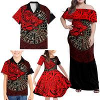 Yggdrasil Family Matching Off Shoulder Maxi Dress and Hawaiian Shirt with Red Norse Dragon and Runes Viking Heritage Tribute - Wonder Print Shop