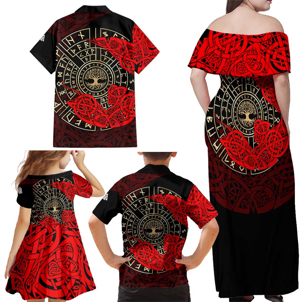 Yggdrasil Family Matching Off Shoulder Maxi Dress and Hawaiian Shirt with Red Norse Dragon and Runes Viking Heritage Tribute - Wonder Print Shop