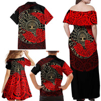 Yggdrasil Family Matching Off Shoulder Maxi Dress and Hawaiian Shirt with Red Norse Dragon and Runes Viking Heritage Tribute - Wonder Print Shop